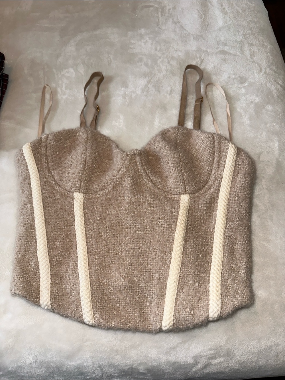 JLUXLABEL Beige Bustier Crop Top with Cream Braided Trim